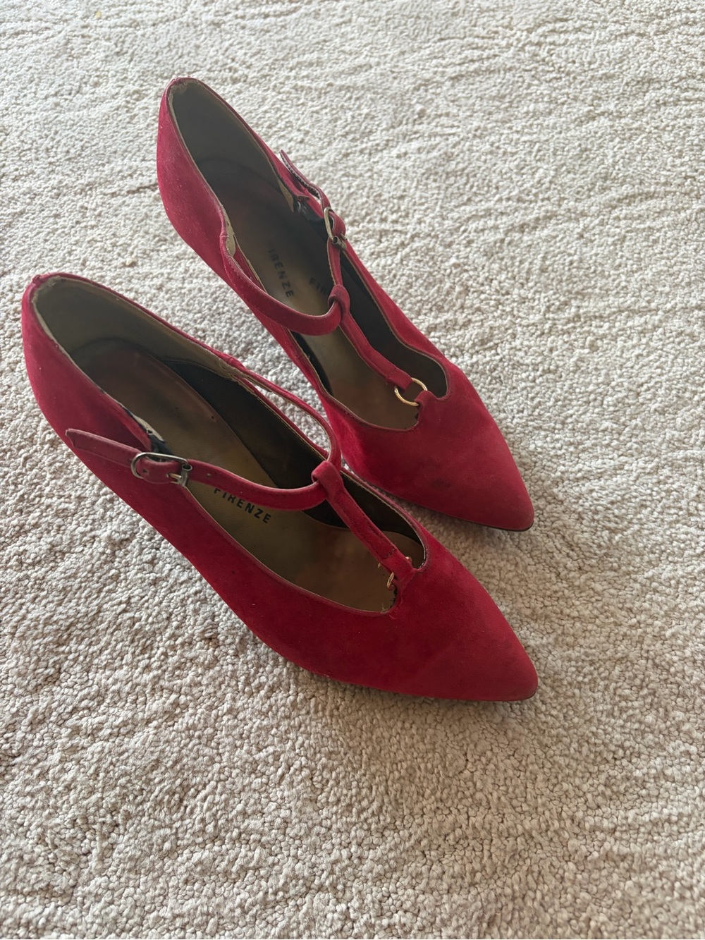 Red Suede Pointed T-Strap Pumps